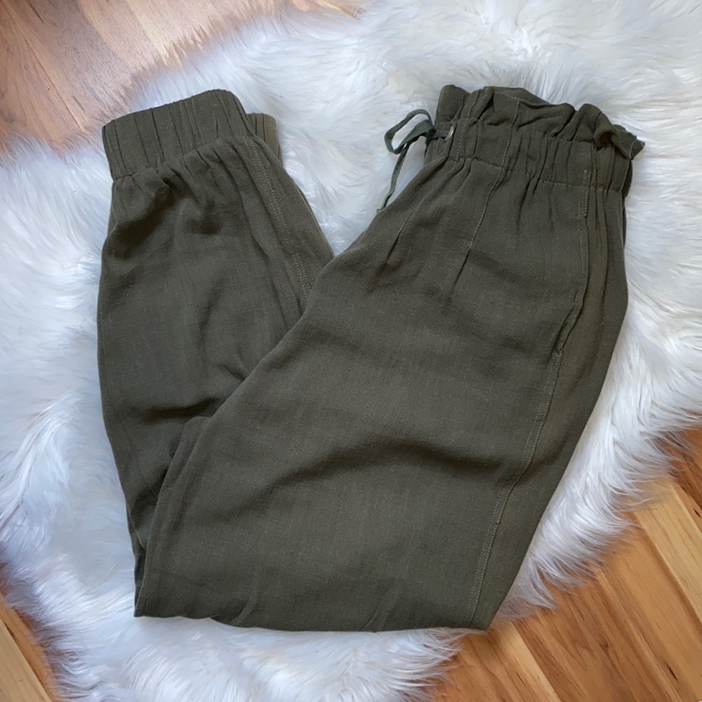 Olive green pants with scrunched bottom